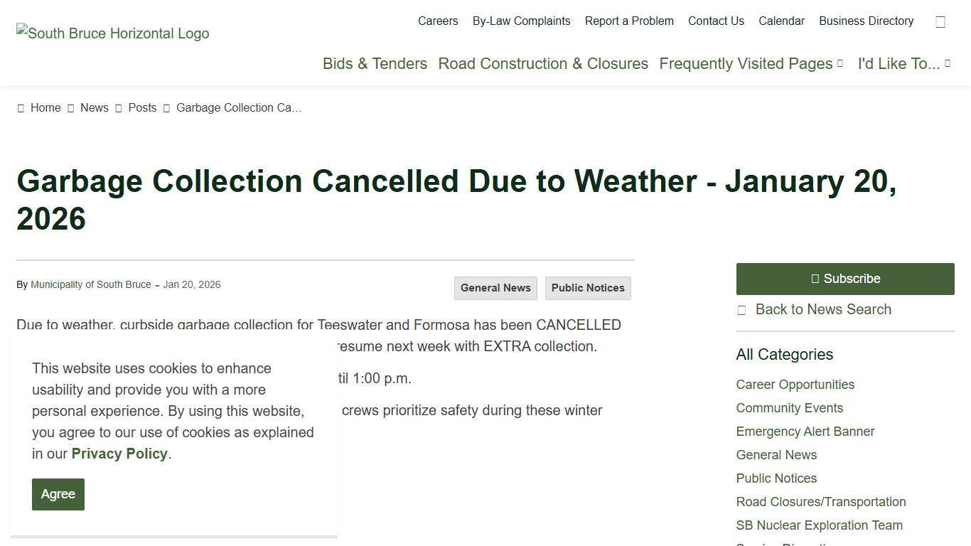 Garbage Collection Cancelled Due to Weather - January 20, 2026 Municipality of South Bruce